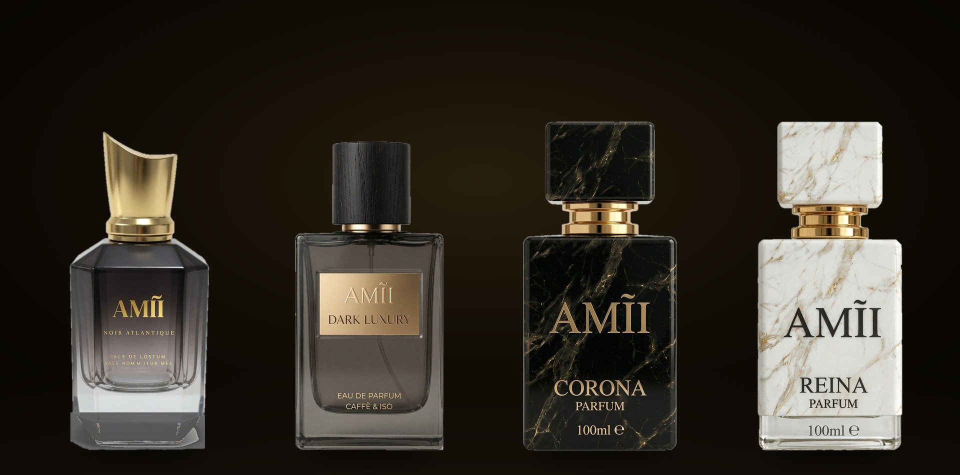 Colección de perfumes AMĨI PERFUME: NOIR ATLANTIQUE, DARK LUXURY, CORONA y REINA