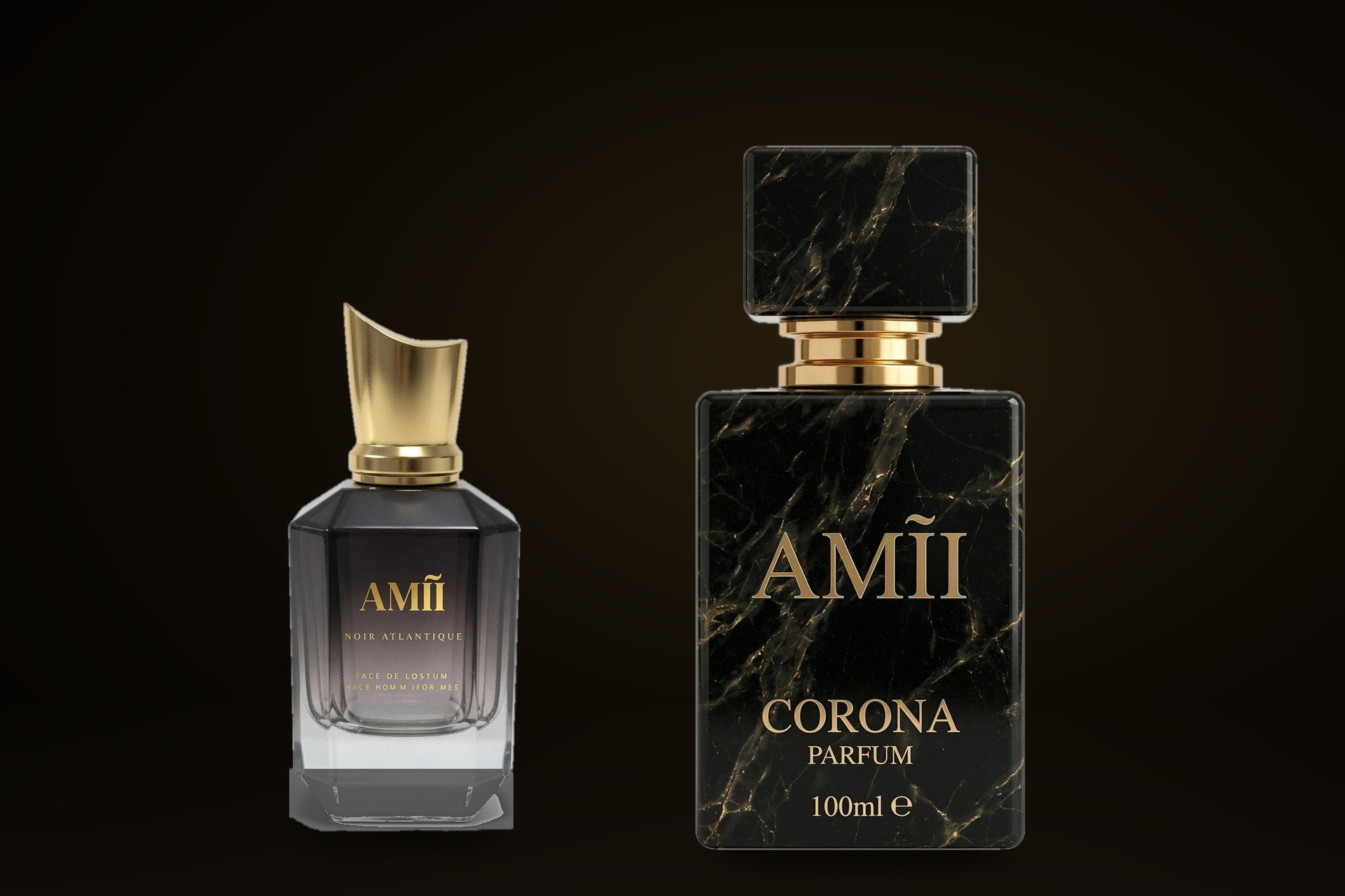 Perfumes AMĨI PERFUME: NOIR ATLANTIQUE y CORONA en negro y dorado